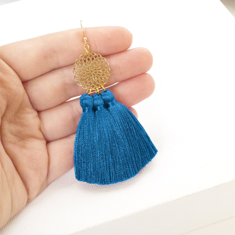 Blue Tassel Earrings Blue Fringe Earrings Summer Earrings Handmade Blue Tassel Earrings Gold Wedding Earrings Tassel Earrings