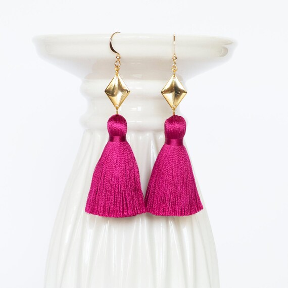Magenta Party Earrings Pink Holiday Earrings Prom Earrings Magenta Wedding Earrings Big PinkTassel Earrings Long Magenta Tassel Earrings