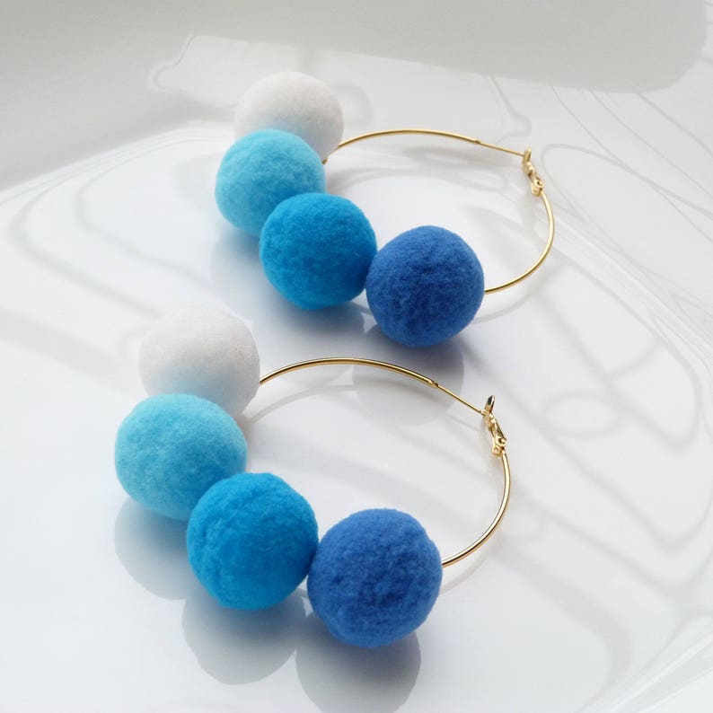 Blue Pom Pom Earrings PomPom Earrings Big Gold Hoop Etsy
