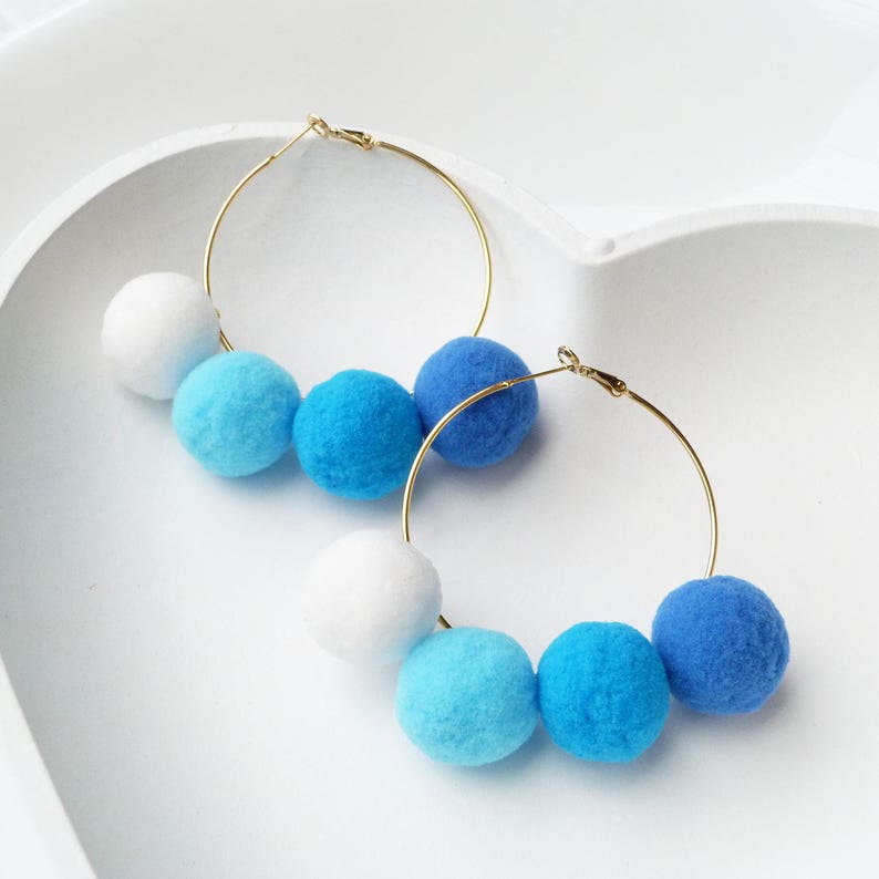 Blue Pom Pom Earrings PomPom Earrings Big Gold Hoop Etsy