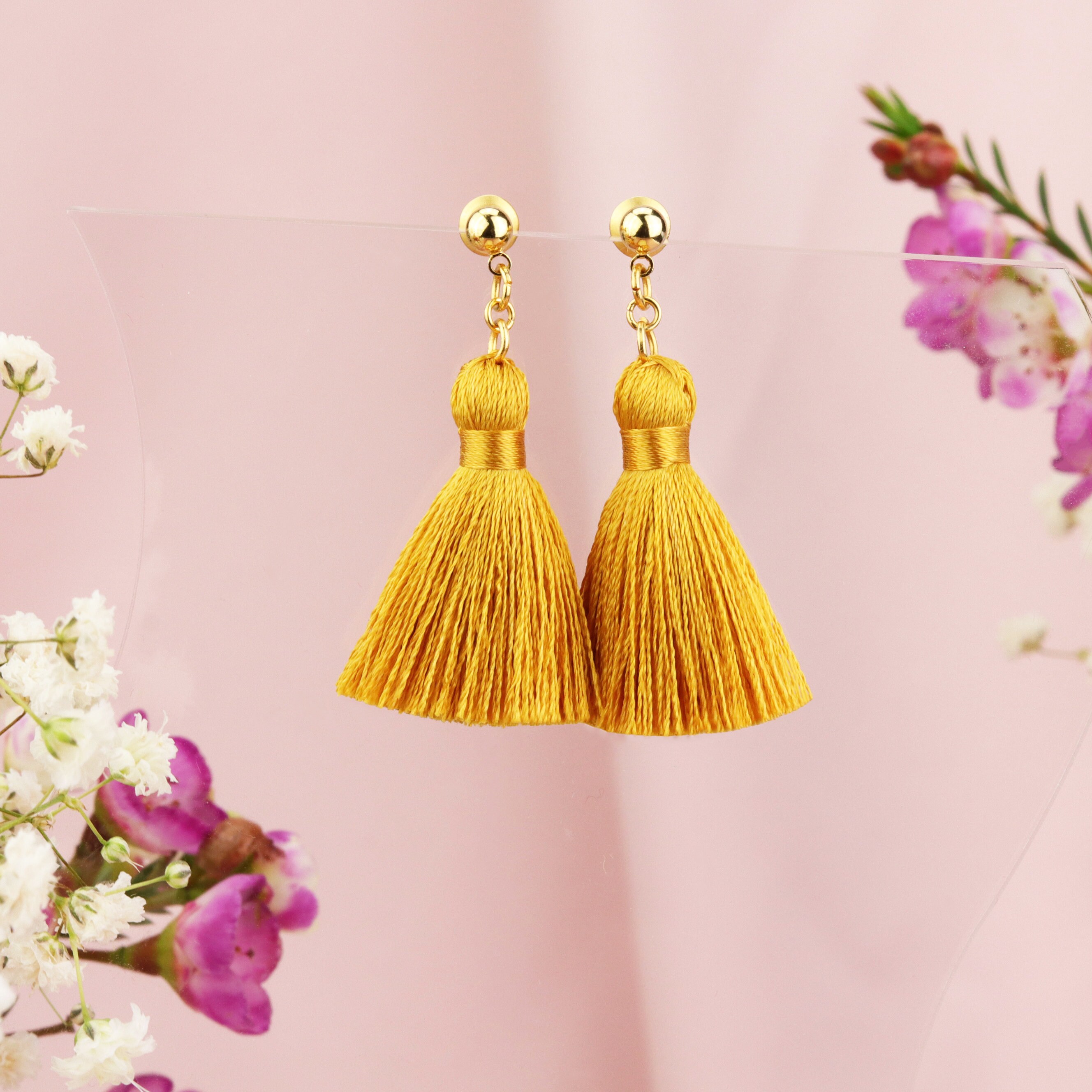 Mini Mustard Tassel Earrings Small Tassel Earrings Short Etsy