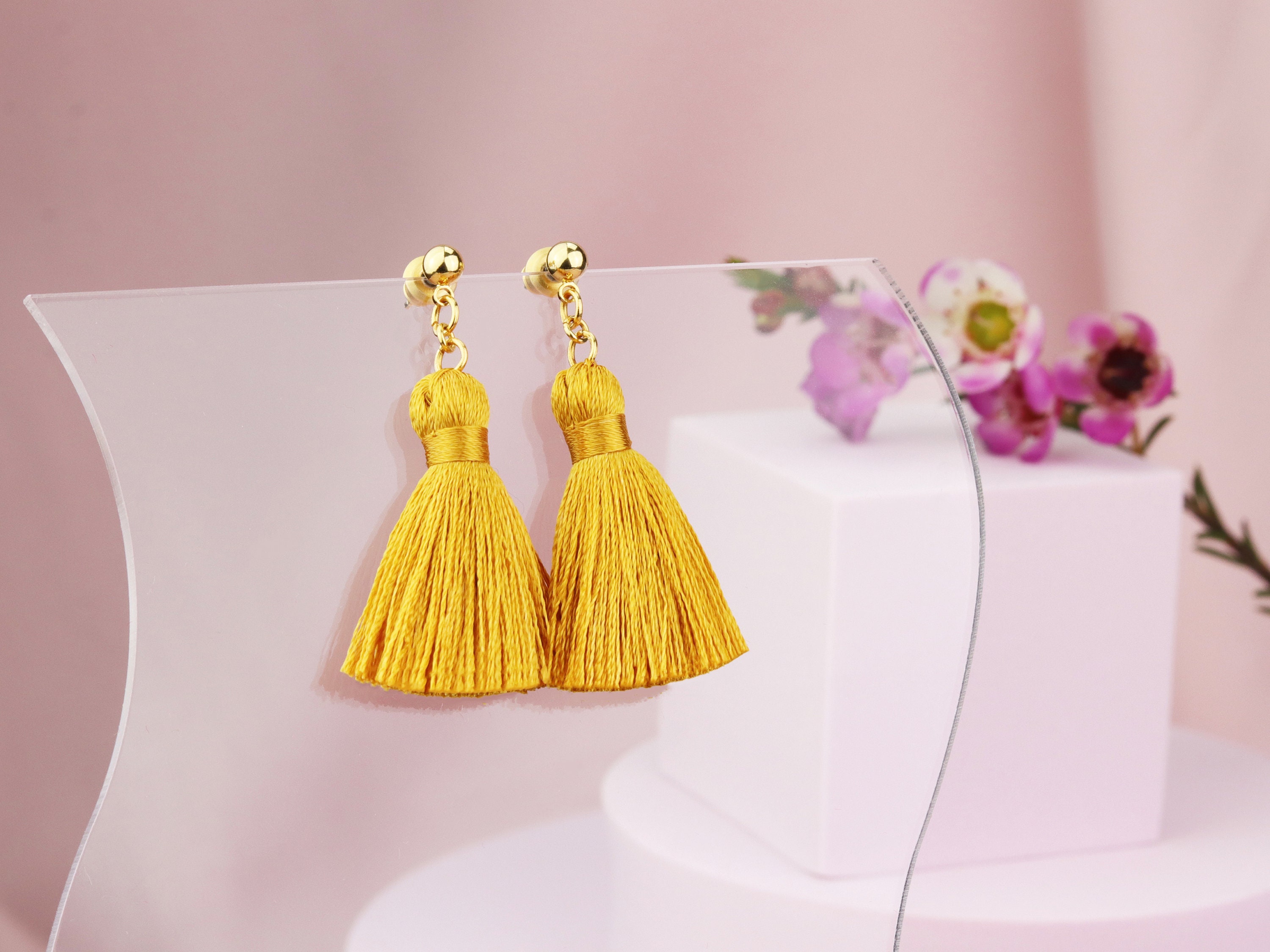 Mini Mustard Tassel Earrings Small Tassel Earrings Short Etsy