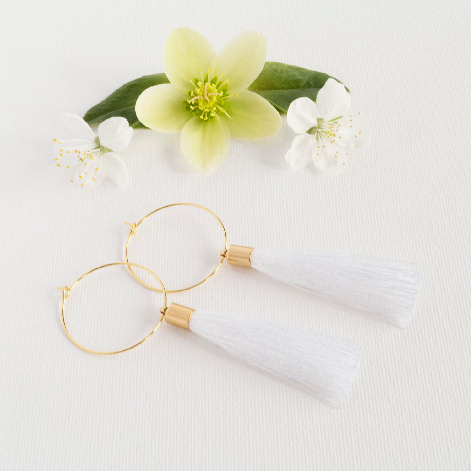 White Tassel Earrings with Hoops 24k Gold Plated Hoop Etsy