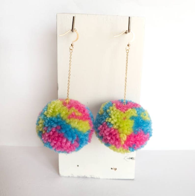 Big Pom Pom Earrings Colorful Pompom Earrings Large Dangle Etsy