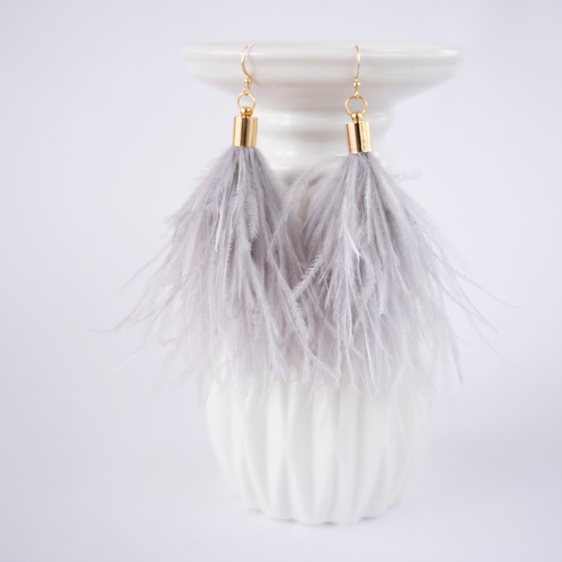 Long Feather Earrings Prom Jewelry Gray Ostrich Feather Earrings Best Gifts For Her Silver Feather Tassel Earrings Boho Gray Earrings