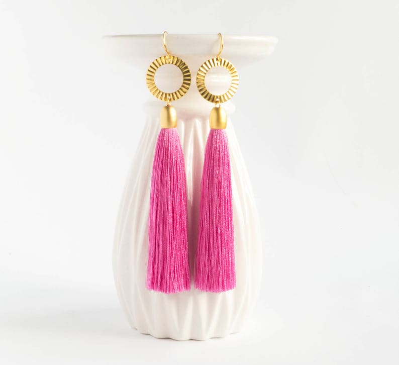 Magenta Party Earrings Pink Holiday Earrings Prom Earrings Magenta Wedding Earrings Big PinkTassel Earrings Long Magenta Tassel Earrings