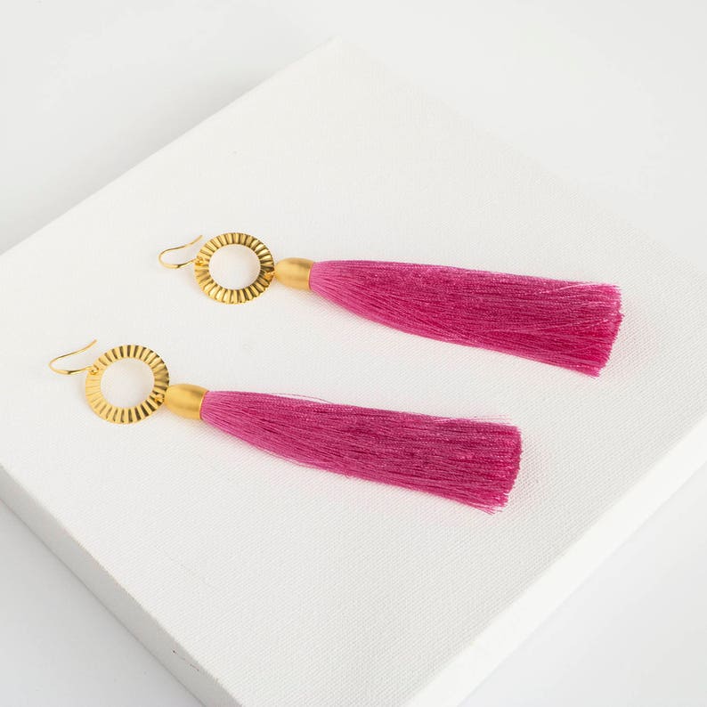 Magenta Party Earrings Pink Holiday Earrings Prom Earrings Magenta Wedding Earrings Big PinkTassel Earrings Long Magenta Tassel Earrings