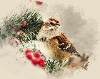 Watercolor Bird Prints American Tree Sparrow, Bird Pictures Wildlife Watercolor Print, Fine Art Nature Prints, Winter Bird Watercolor Art