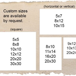 Peut inclure: Un tableau montrant diff&eacute;rentes tailles pour les impressions personnalis&eacute;es, y compris des options carr&eacute;es et rectangulaires. Les tailles sont indiqu&eacute;es en pouces, telles que 5x7, 8x12 et 10x15.