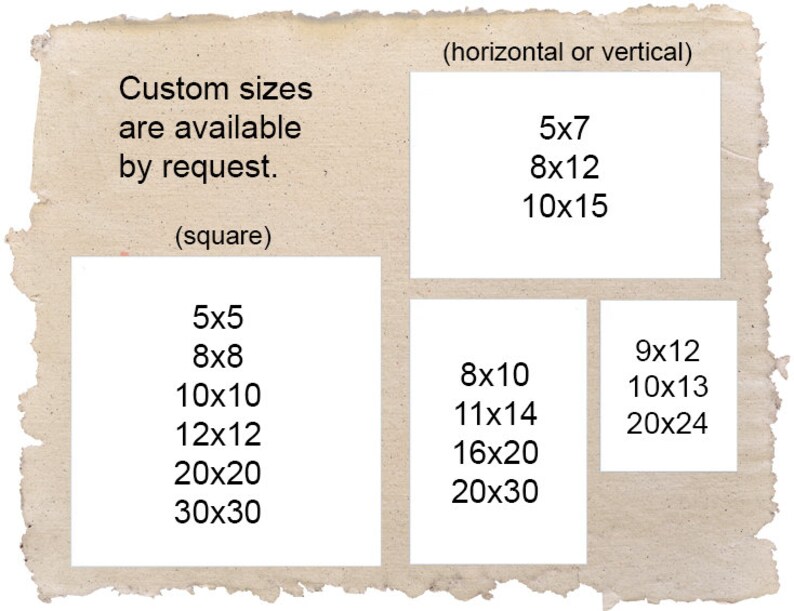 Peut inclure: Un tableau montrant diff&eacute;rentes tailles pour les impressions personnalis&eacute;es, y compris des options carr&eacute;es et rectangulaires. Les tailles sont indiqu&eacute;es en pouces, telles que 5x7, 8x12 et 10x15.