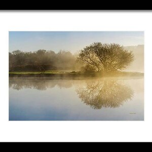 Peut inclure: Un seul arbre se dresse dans un lac, son reflet se refl&eacute;tant dans l'eau calme. L'arbre est silhouett&eacute; contre un ciel bleu brumeux, et l'eau est d'une couleur douce et dor&eacute;e. La sc&egrave;ne est paisible et sereine.