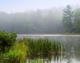 Serene Sunrise Landscape Photo Print: Tranquil Lake Nature Photography, Cottage Wall Art