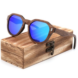 Hexagon shape Wooden Sunglasses, Customise your lens and Choose your case or box style for your Wood sunglasses