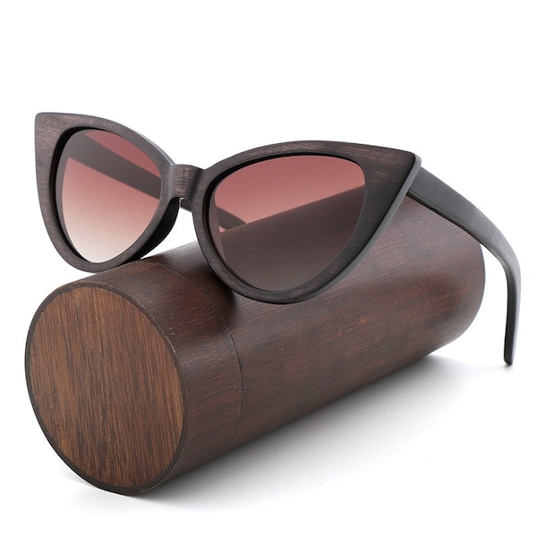 Lunettes de soleil en bois style oeil de chat en ébène, personnalisez votre objectif et choisissez le style de votre étui ou de votre boîte pour vos lunettes de soleil en bois