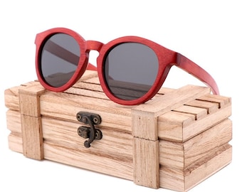 Occhiali da sole in legno con montatura rossa, personalizza la tua lente e scegli lo stile della custodia o della scatola per i tuoi occhiali da sole in legno