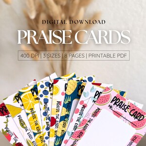 May include: A selection of colourful "Praise Cards" featuring fruit designs such as lemons, blueberries, cherries, and watermelon. The cards display the text "Praise the Lord, Give Thanks" and "Praise Card". The image also includes the text "Digital Download" and "Printable PDF."