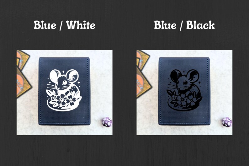 May include: Two blue card cases with a mouse and flower design. One case has a white design, and the other has a black design. The text "Blue / White" and "Blue / Black" are at the top. Dice and cards are in the background.