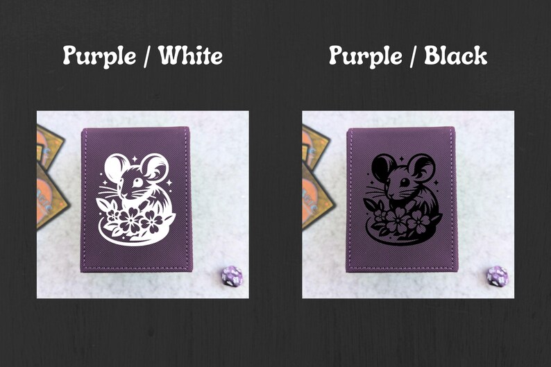 May include: Two purple card cases with a mouse and flower design. One case has a white design, and the other has a black design. The text "Purple / White" and "Purple / Black" are above the cases. A die is next to each case.