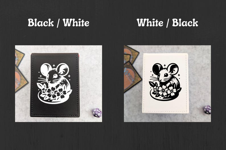 May include: Black and white card holder featuring a mouse illustration with flowers. The text "Black / White" and "White / Black" is displayed above the card holders. The card holders are on a light gray surface.