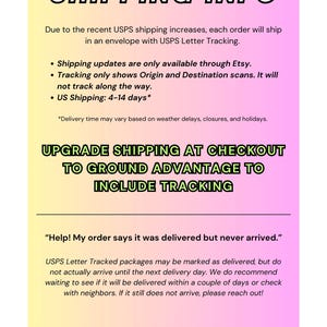 Może przedstawiać: Prostokątna grafika informacyjna z tłem o gradiencie od ż&oacute;łtego do r&oacute;żowego. Tekst zawiera: SHIPPING INFO, UPGRADE SHIPPING AT CHECKOUT TO GROUND ADVANTAGE TO INCLUDE TRACKING, Help! My order says it was delivered but never arrived., oraz desertcowdesigns.etsy.com.