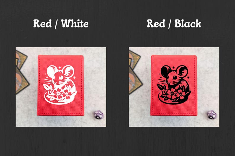 May include: Red card holder with a white mouse and flower design. The text "Red / White" is at the top. A second red card holder has a black mouse and flower design. The text "Red / Black" is at the top.