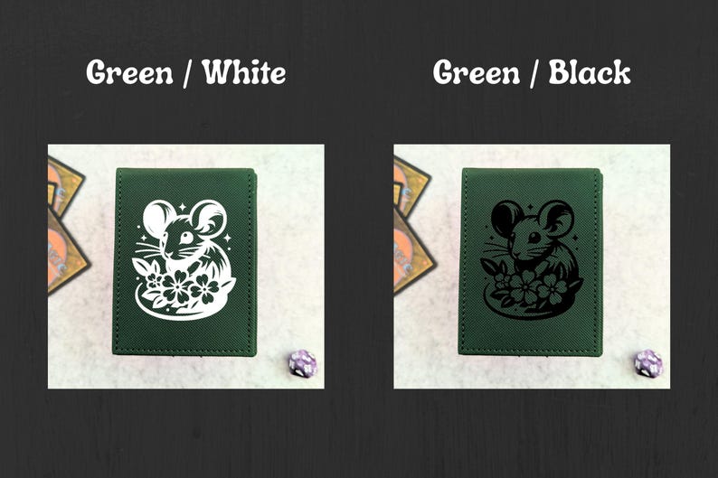 May include: Two green card holders with a mouse and flower design. One has a white design, the other a black design. The text "Green / White" and "Green / Black" is above each card holder. A die is next to each card holder.