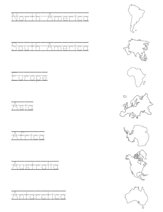 Continents Worksheet Continents Coloring Page Trace and Etsy