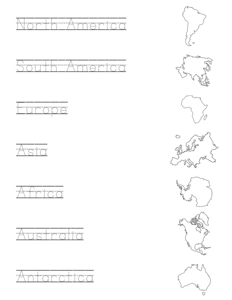 Continents Worksheet Continents Coloring Page Trace and Etsy