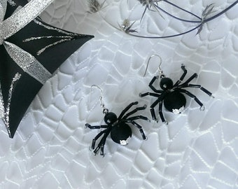 Black Spider Earrings: Halloween Dangle Jewelry, Sterling Silver