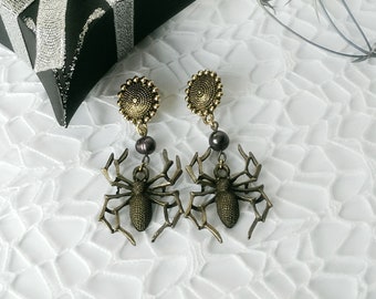 Bronze Spider Dangle Earrings: Gothic Halloween Jewelry
