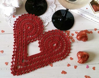 Crochet Heart Coaster: Red Cotton Doily, Valentine's Day Decor