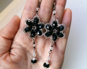 Long earring beads end seed beads Black silver crystal flowers earrings Bohemian victorian  earrings Fashion Black Dress Cocktail Earrings