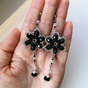 Long earring beads end seed beads Black silver crystal flowers earrings Bohemian victorian  earrings Fashion Black Dress Cocktail Earrings