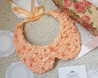 Peach Felt Detachable Collar: Satin Roses & Acrylic Beads