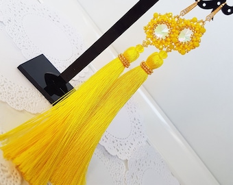 Yellow long silk tassel earrings with crystal  and seed beads Bohemian summer romantic earrings Wedding bridal statement earrings