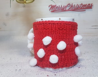 Red sweater mug for white little snowball   Knit coffe cup sleeve Coffe lover gift Christmas mug Cozy cup