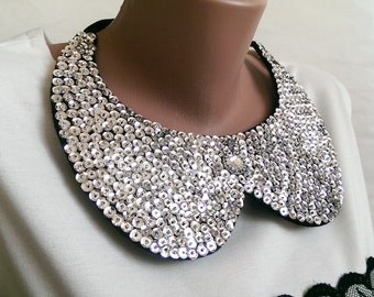 Shiny collar for women Felt collar of paillettes and seed beads Detachable removeable collar necklace peter pan romantic classic