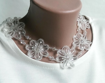 Clear Crystal Flower Necklace: Bridal Statement Bib Jewelry