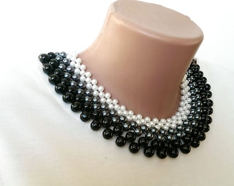Black and white gradient beaded necklace Women beaded collar necklace Elegant necklace Detachable Lady pearl collar Women peter pen collar