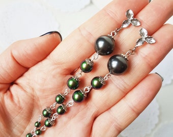 Green long earrings with pearl Scarabaues green earrings Wedding jewelry Classic statement jewelry