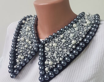Black detachable collars with beads white and gray color Elegant women peter pen collar removable Chunky collar