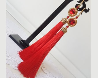 Red silk tassel earrings with crystal and seed beads 24kt Long and large Bohemian summer romantic earrings Wedding bridal earrings