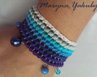 Wide summer bracelet Thread and chain bracelet Statement cuff for women Boho Bracelet orientaux blue turquoise with magnetic clasp