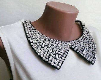 Black detachable collar for women Felt necklace with silver seed beads and sequins Removable collar necklace Lace Peter Pan Collar