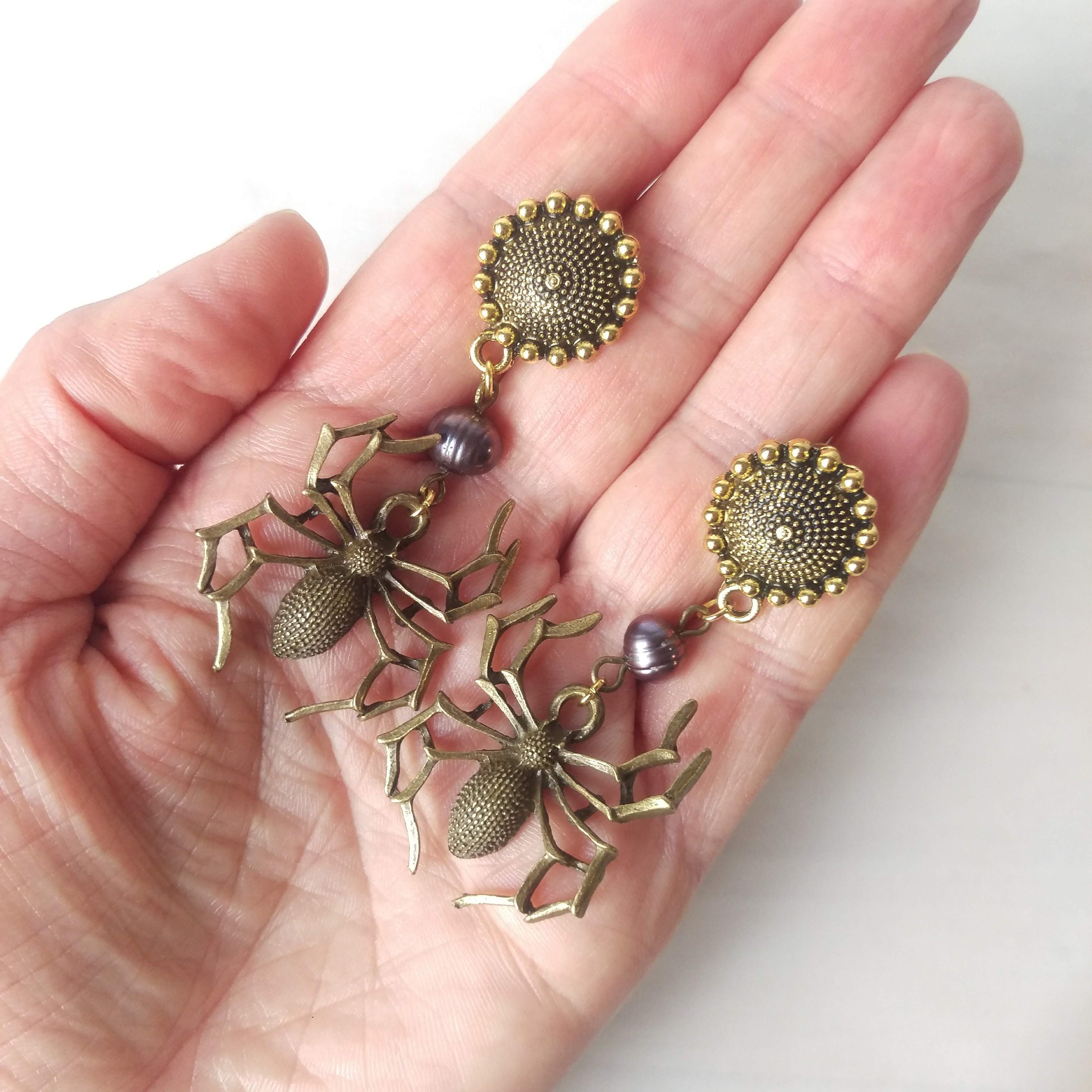 Spider Earring Long Earring Gothic Earrings Bronze Spider Etsy