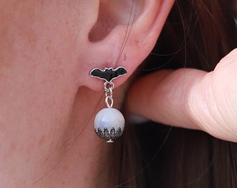 Halloween earrings Black bat earrings with moonstone Halloween jewelry  Dangle earrings Push back closure earring