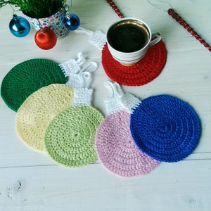 Christmas coasters set Crochet coasters ornament  Coasters with hanging loop Drink coasters christmas ball Decoration christmas table