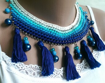 Summer statement necklace of thread and chain with beads and tassels for women Boho jewelry shades of blue Tribal bib necklace hippy pendant