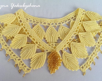 Yellow crochet  collar with glass beads Button closes the collar Victorian dress collar Peter pen collar Detachable cotton collar