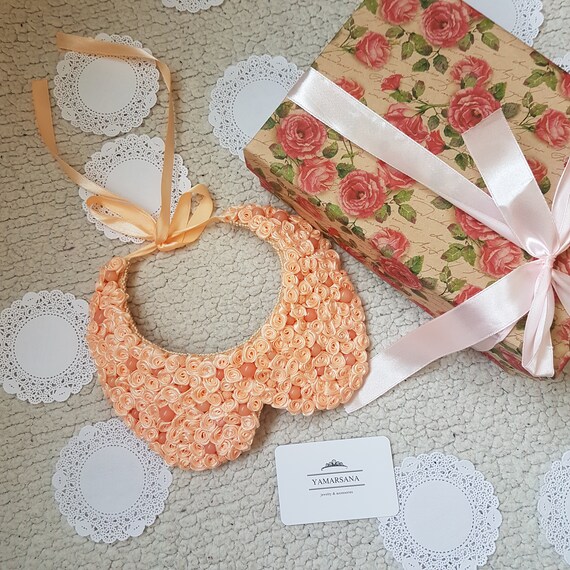 Peach Felt Detachable Collar: Satin Roses & Acrylic Beads